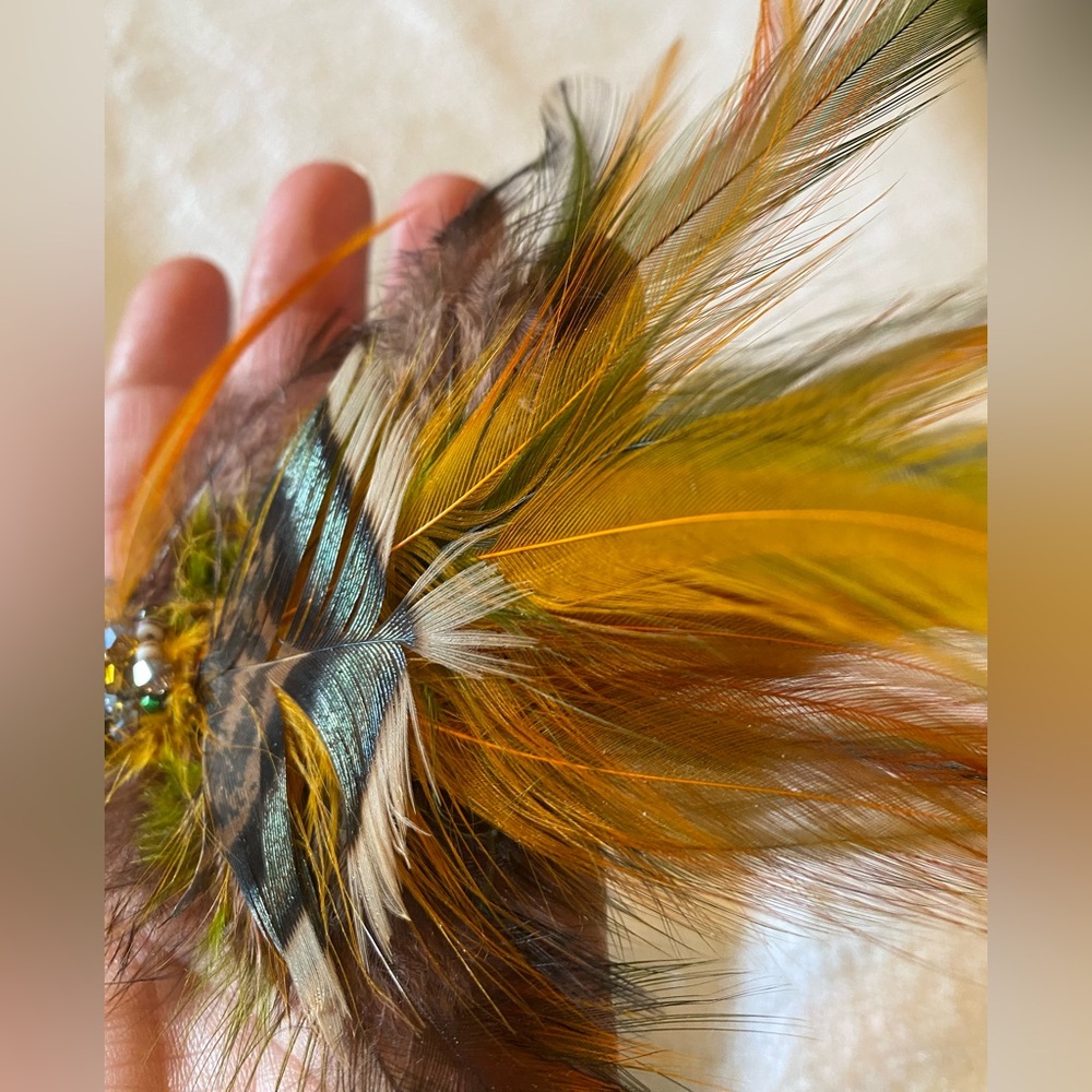 Feather Hair Clip with Crystal Accent - Brown & Green colors Handmade - Picture 4 of 5